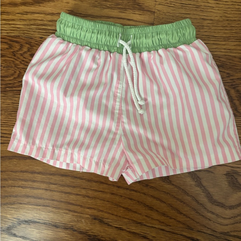 Kids Pink Stripe Swim Trunks with Green Waistband